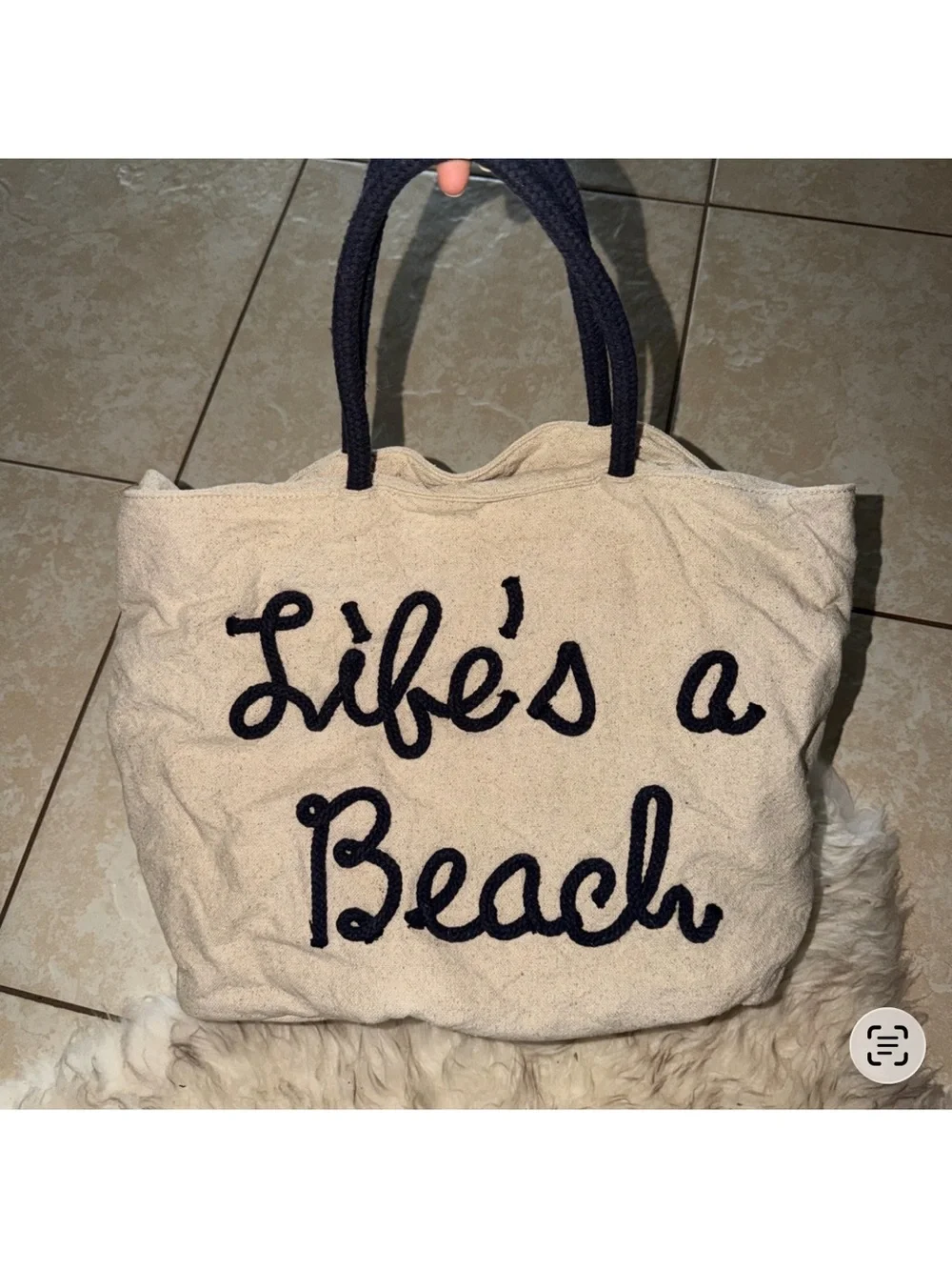Canvas 'Life's a Beach' Tote Bag in Natural with Navy Script in rope fun beach